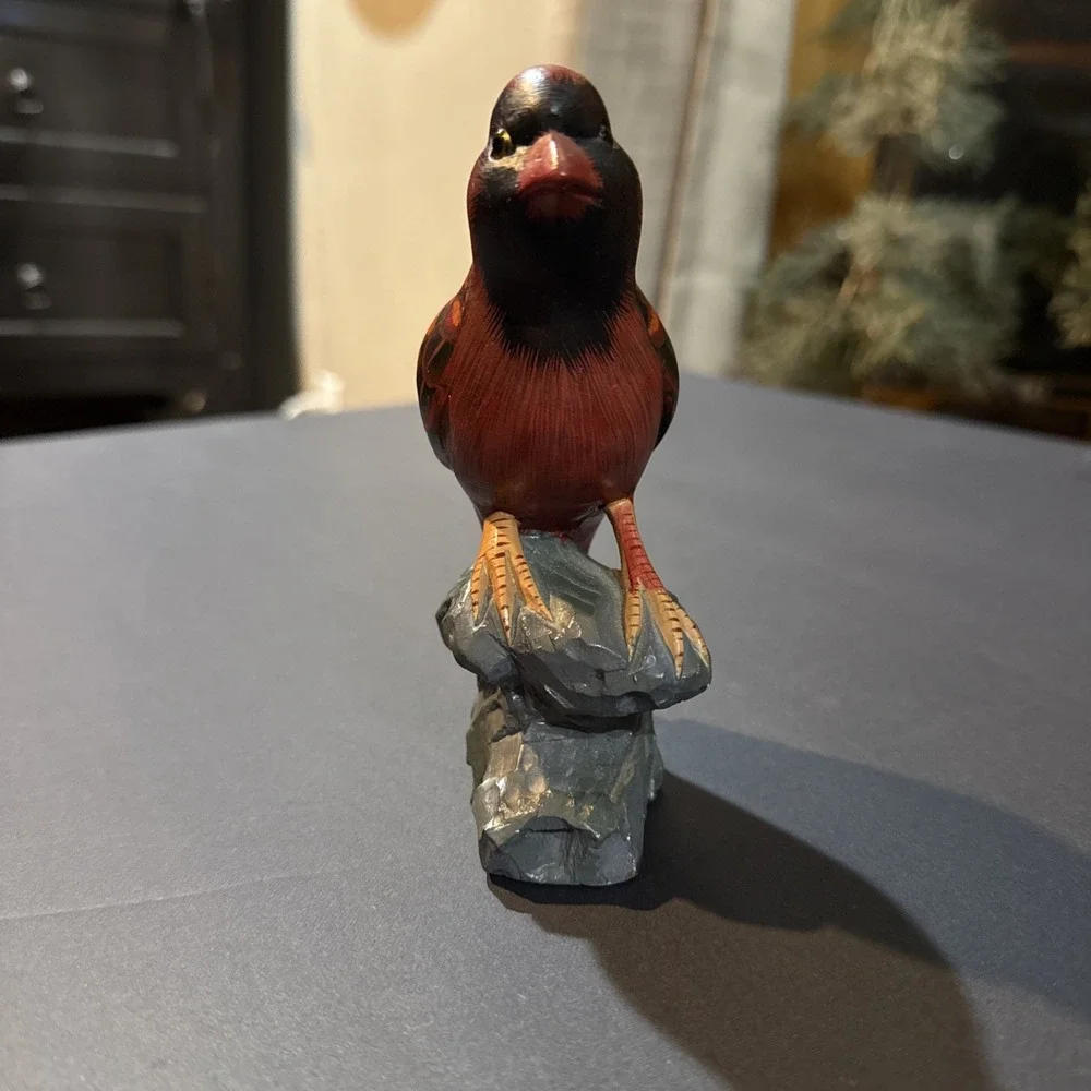 Vtg HAND CARVED ALABASTER MARBLE Red CARDINAL BIRD FIGURINE Decor Hand Painted
